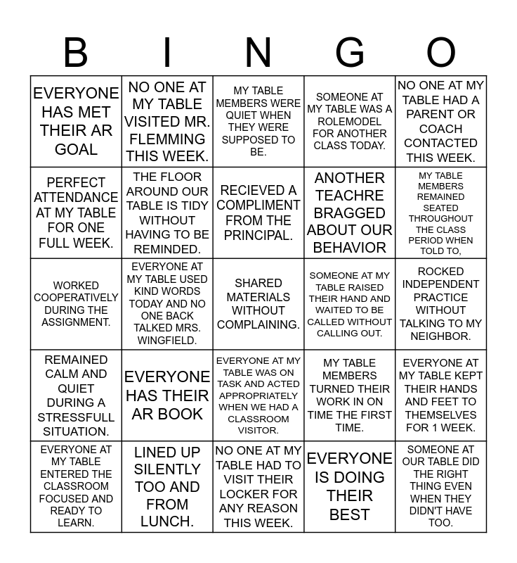 Behavior Bingo 10 23 27 Bingo Card