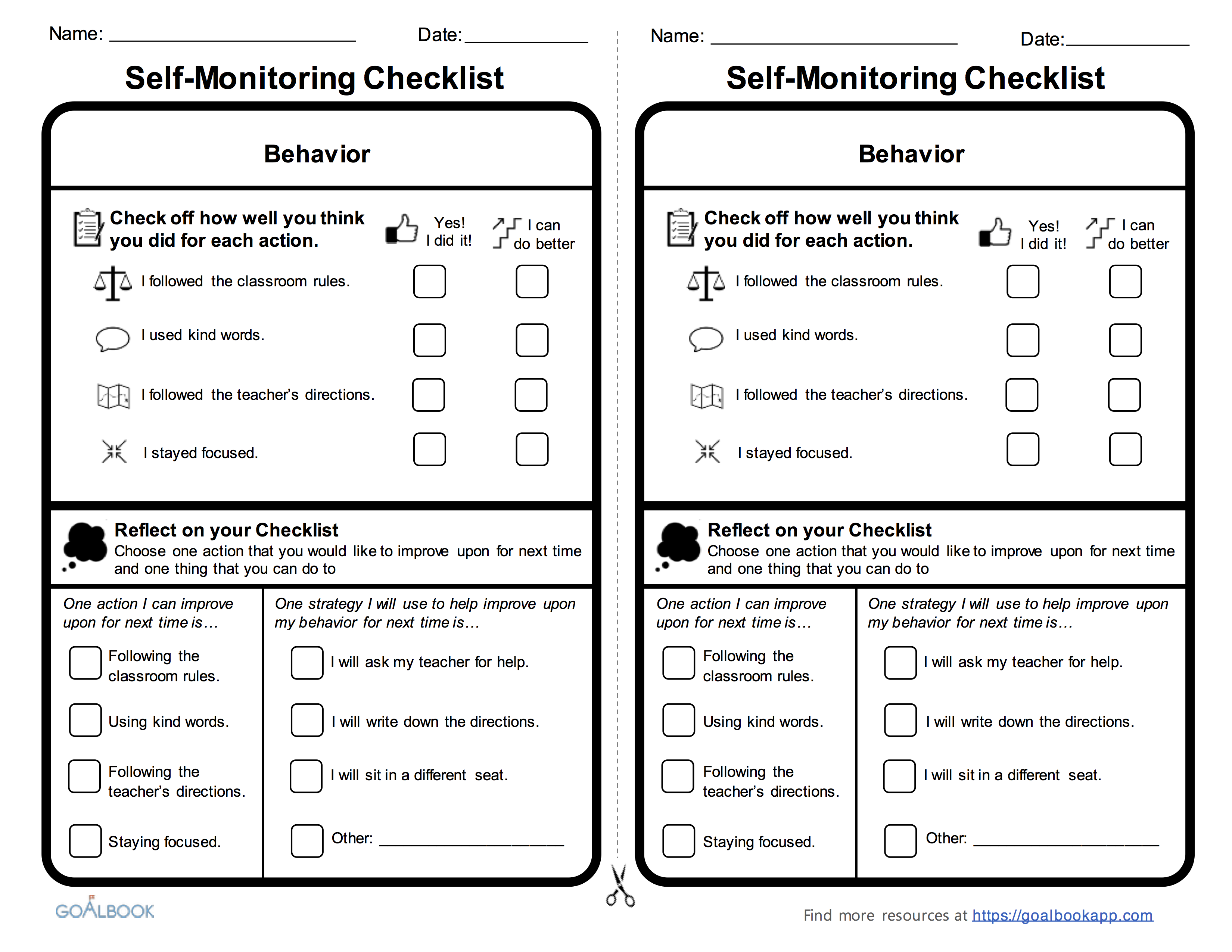 Behavior Self Monitoring Checklist Self Monitoring Behavior 