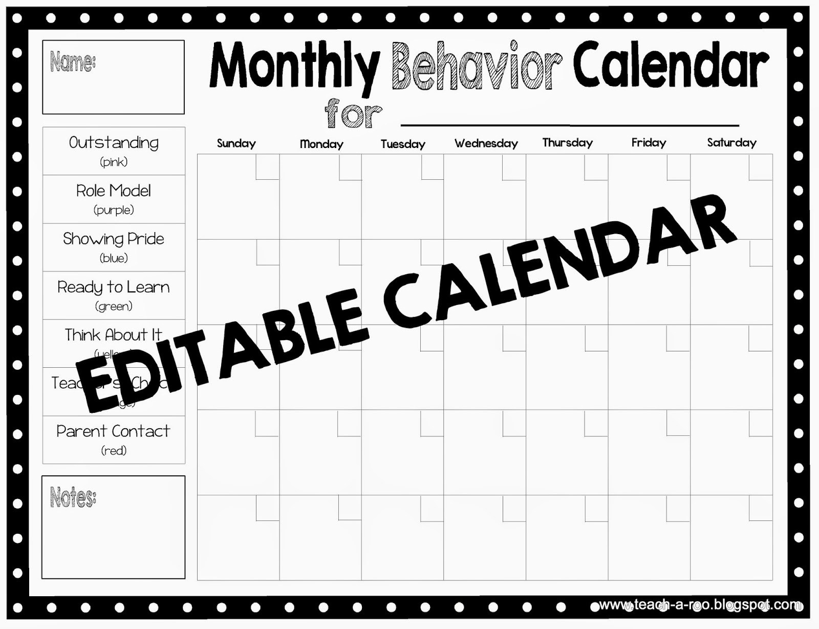 Editable Monthly Behavior Chart Example Calendar Printable