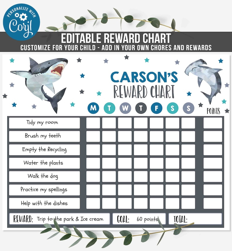 Shark Reward Chart For Kids Behavior Chart Printable Chore Chart PrintableBehaviorChart