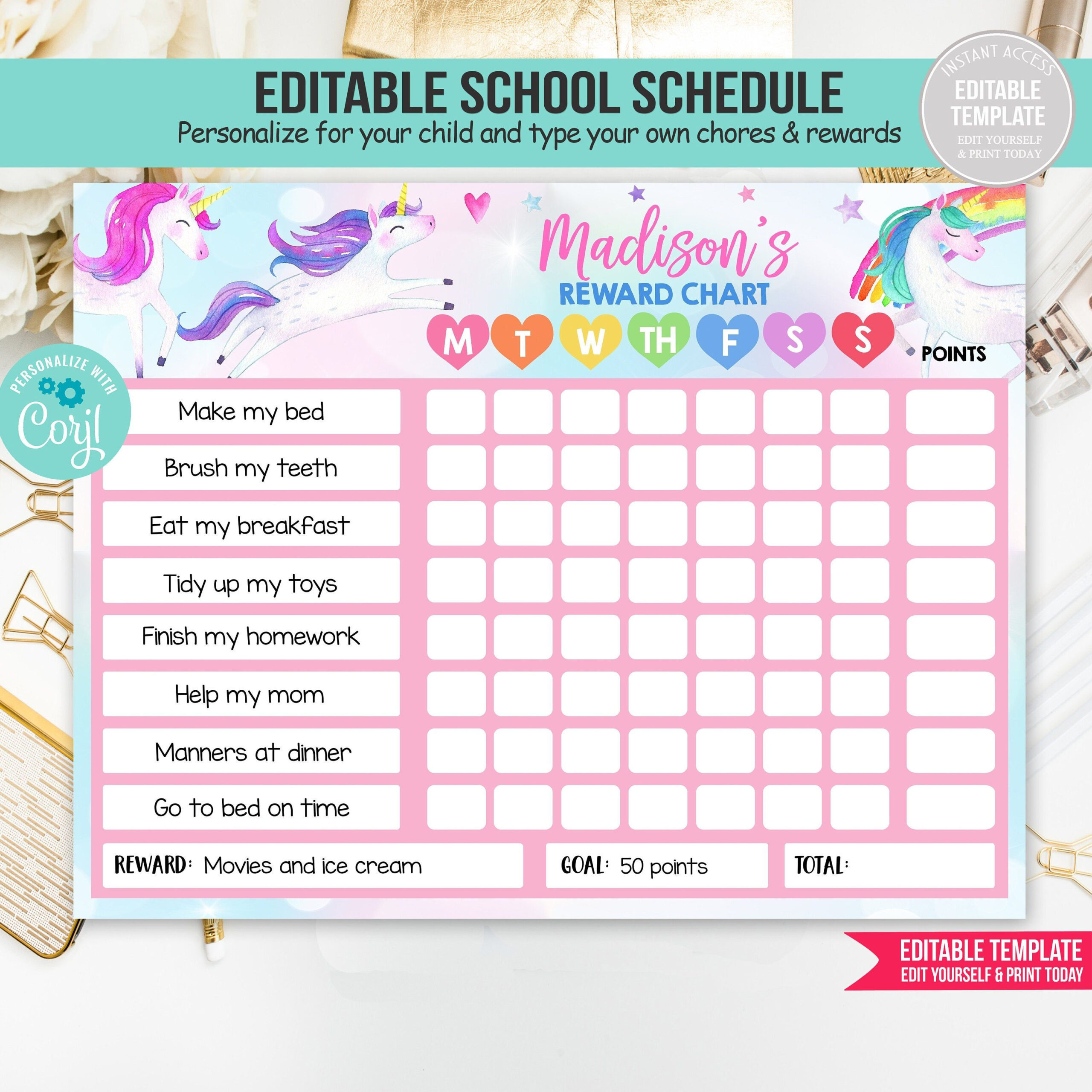 Unicorn Reward Chart EDITABLE Template Reward Chart For Kids Unicorn 